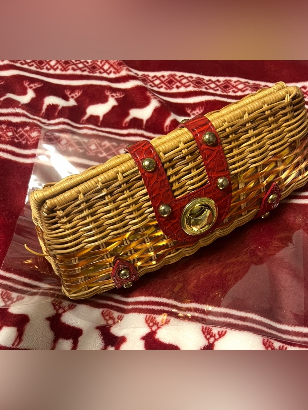 Woven Rattan Clutch with Red Croc-Effect gold Trim polka dots lining
